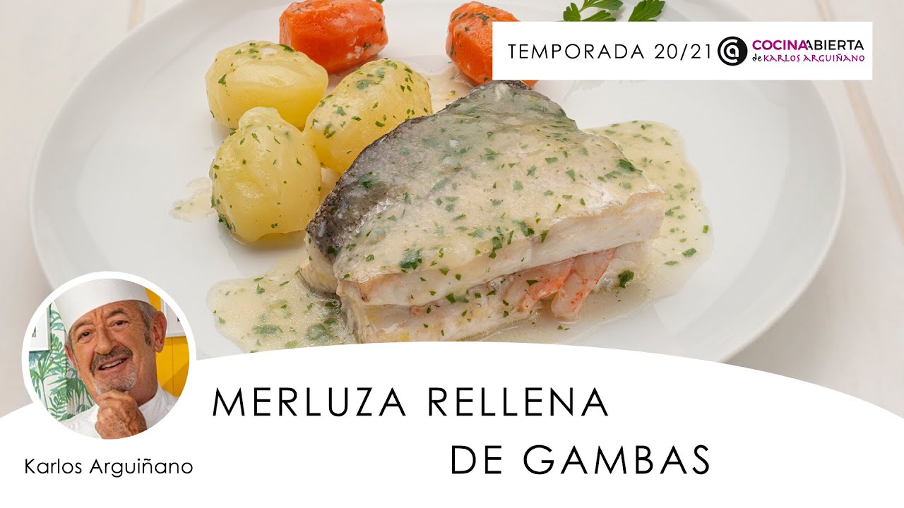 merluza rellena de gambas y gulas con bechamel