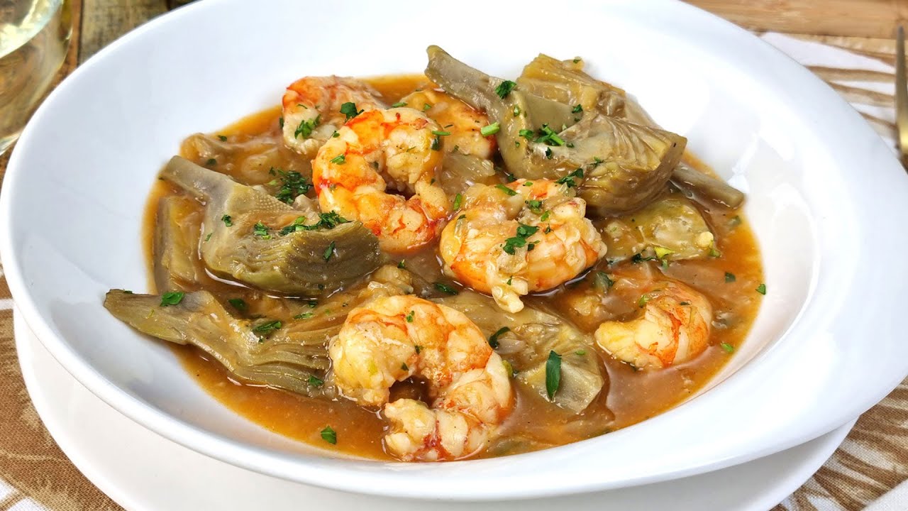 corazones de alcachofas con gambas salteadas