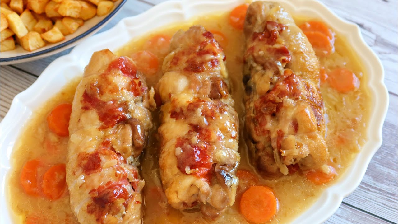muslos de pollo rellenos de jamón y queso en salsa