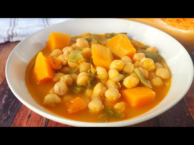 garbanzos con calabaza y judías verdes en olla rápida