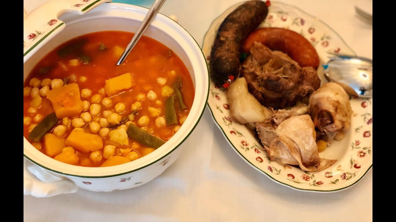 potaje de calabaza y judías verdes con pringá