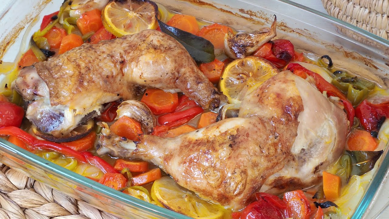 pollo al horno con verduras y champiñones